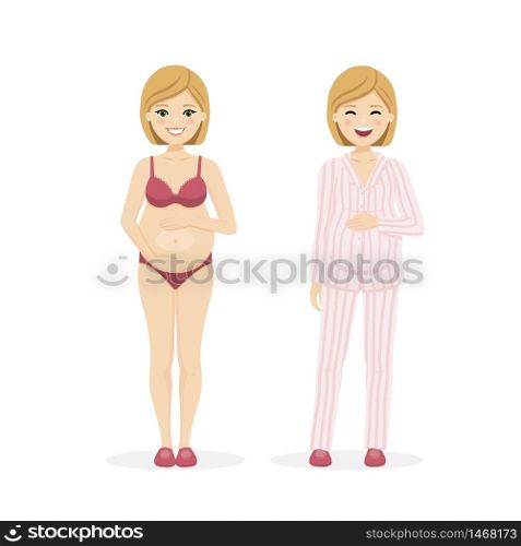 Beautiful pregnant woman in underwear and pajama. Isolated vector illustration