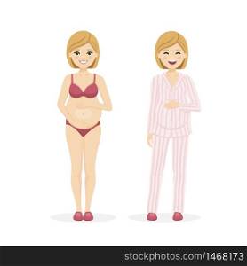 Beautiful pregnant woman in underwear and pajama. Isolated vector illustration