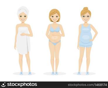 Beautiful pregnant woman in underwear, short clothes and after shower. Isolated vector illustration