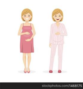 Beautiful pregnant woman with dress and pajama. Isolated vector illustration