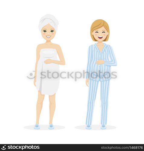Beautiful pregnant woman with pajama and after shower. Isolated vector illustration