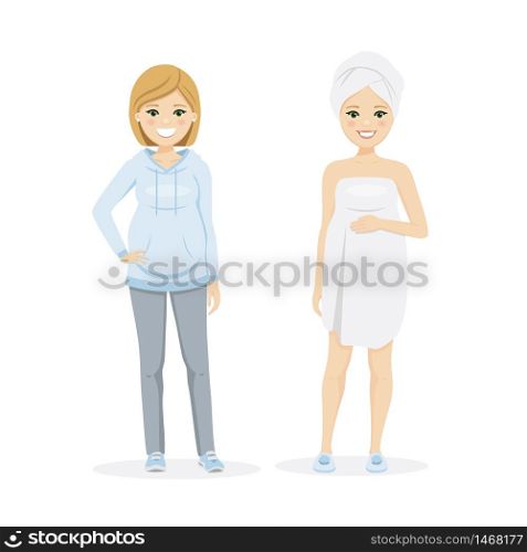 Beautiful pregnant woman with sportwear and after shower. Isolated vector illustration