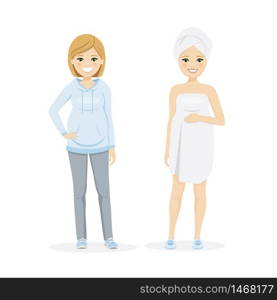 Beautiful pregnant woman with sportwear and after shower. Isolated vector illustration