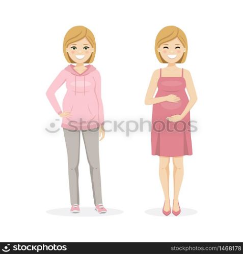 Beautiful pregnant woman with sportwear and dress. Isolated vector illustration