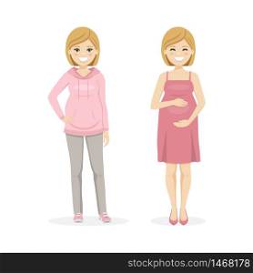 Beautiful pregnant woman with sportwear and dress. Isolated vector illustration