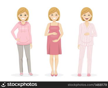 Beautiful pregnant woman with sportwear, dress and pajama. Isolated vector illustration