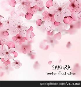 Beautiful print with blossoming dark and light pink sakura flowers and title vector illustration. Pink Cherry Sakura Print