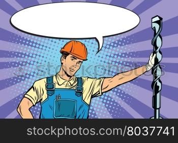 Beautiful professional Builder with electric drill pop art retro vector, realistic hand drawn illustration. Construction and repair