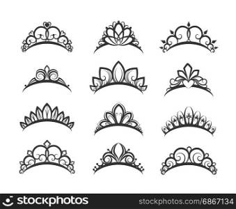 Beautiful queen tiaras set. Vector tiara set. Beautiful queen tiaras or princess crown silhouettes for wedding cards and vignettes