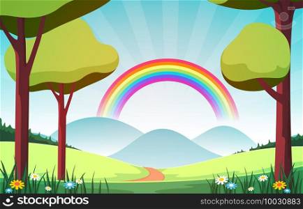 Beautiful Rainbow in Summer Nature Landscape Scenery Illustration