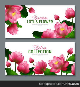 Beautiful realistic lotus flowers collection 2 ornamental horizontal banners set with lettering on white background vector illustration . Realistic Lotus Banners