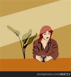 Beautiful red hair young girl with cup of hot chocolate. Green plant behind. Flat cartoon style. Vector illustration.. Ginger hair girl holding hot chocolate.