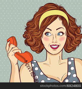 beautiful red-haired lady, speaks to a retro phone and smile