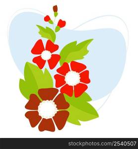 Beautiful red mallow flowers with leaves. Vector illustration. Botanical bouquet for design, postcards, decor and decoration, print