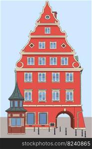 Beautiful red medieval house on the market square. Poland. Wroclaw. Vector illustration.. Wroclaw. Facade of an old traditional stone building on the market square.