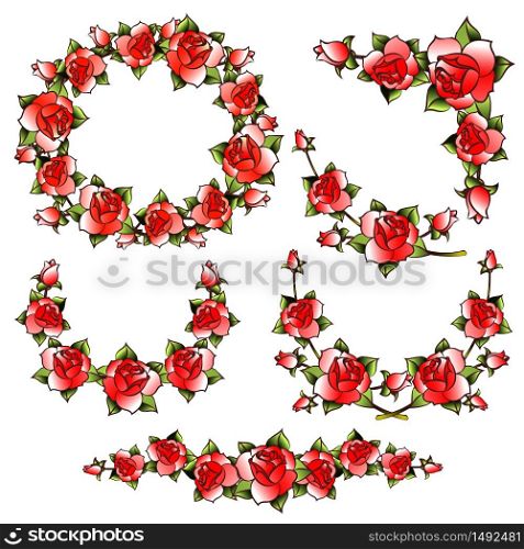 Beautiful Red Rose Flower Wreath, divider etc In Tattoo Style. Vector Illustration.