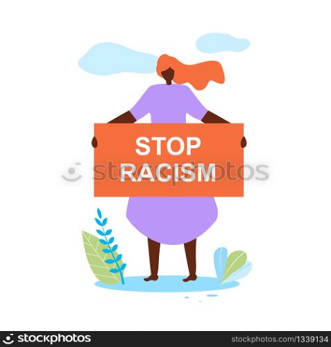 Beautiful Redhead African American Woman Wearing Purple Dress Hold Banner in Hands Stop Racism Standing on Field with Leaves and Grass on White Background with Clouds. Cartoon Flat Vector Illustration. African Woman Hold Banner in Hands Stop Racism