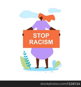 Beautiful Redhead African American Woman Wearing Purple Dress Hold Banner in Hands Stop Racism Standing on Field with Leaves and Grass on White Background with Clouds. Cartoon Flat Vector Illustration. African Woman Hold Banner in Hands Stop Racism
