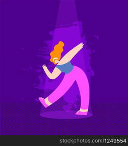 Beautiful Redheaded Girl Dancing under Music Lights on Discotheque Stage Disco Party Cartoon People Recreation Leisure Time Dance Marathon Fiesta Show Festival Competition Flat Vector Illustration. Redheaded Girl Dancing Flat Design Party Cartoon