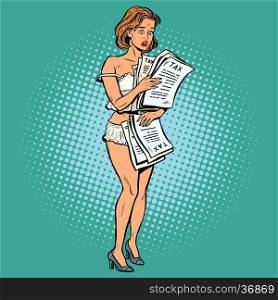 Beautiful retro woman Nude taxes, pop art vector. Finance and economy, tax policy