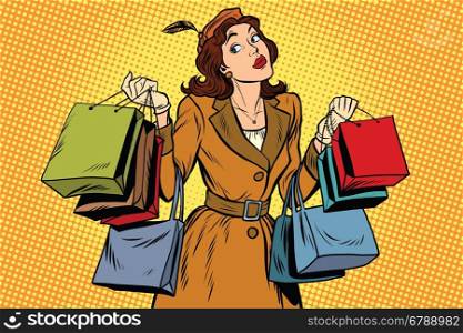 Beautiful retro woman on sale, pop art retro vector illustration. Seasonal and holiday shopping