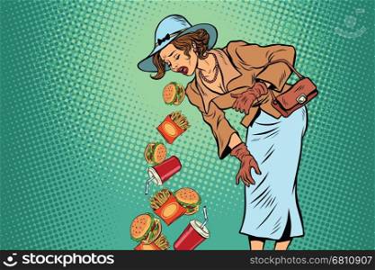 Beautiful retro woman vomiting fast food. Comic pop art illustration vector drawing. Healthy eating. Beautiful retro woman vomiting fast food