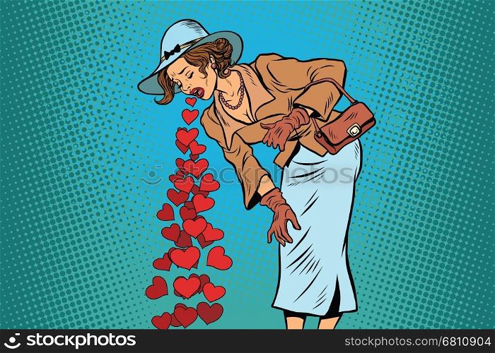 Beautiful retro woman vomiting Valentines heart. Comic pop art illustration vector drawing. Beautiful retro woman vomiting Valentines heart