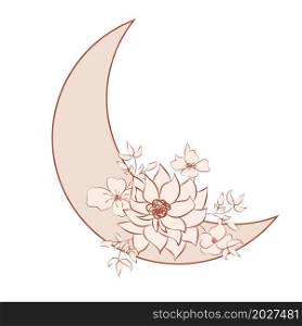 Beautiful romantic crescent moon with rose or peony flowers and leaves. Decorative boho elements. Greeting cards, invitations.. Beautiful romantic crescent moon with rose or peony flowers and leaves.