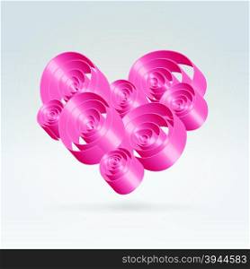 Beautiful romantic pink abstract glossy ribbon swirls pattern heart hanging over light background