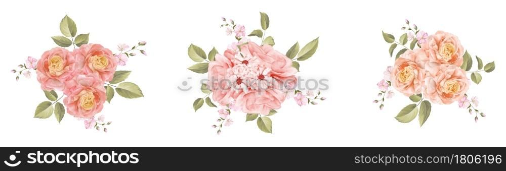 Beautiful rose bouquet watercolor set design element isolated on white background.Vector illustration.Eps10