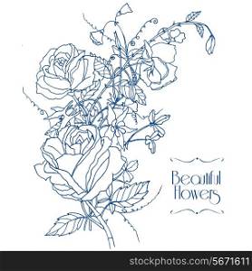 Beautiful roses aquilegia and sweet scented pea cottage garden flowers bunch bridal card outline sketch vector illustration