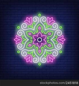 Beautiful round floral mandala neon sign. Flower logo design. Night bright neon sign, colorful billboard, light banner. Vector illustration in neon style.