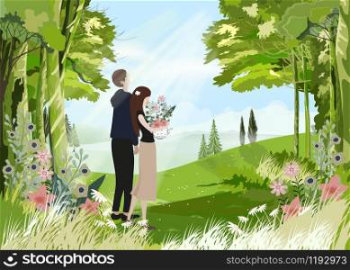 Beautiful scene spring field embracing lover in love,man and woman walking in green park,Couple of young people in romantic landscape with forest tree in sunny day summer,Vector suitable for valentine