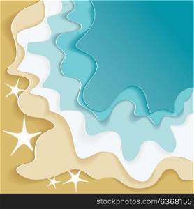 Beautiful sea summer or spring abstract background. Golden sand beach with blue ocean, flat design.