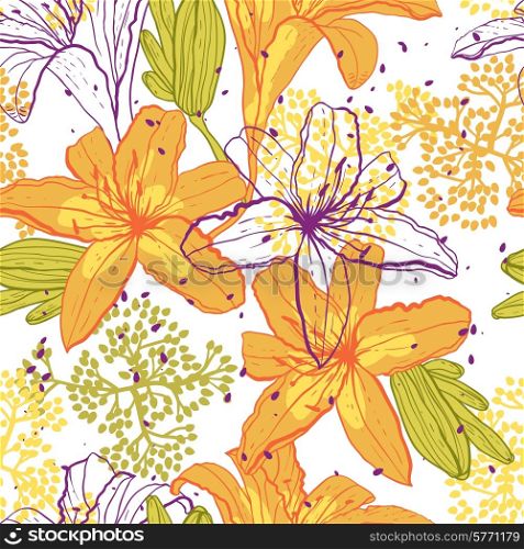 Beautiful seamless pattern with lilies, vector illustration.