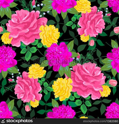 Beautiful seamless pattern with pink and yellow roses on a dark blue background.Summer Vector illustration in the style of shabby chic.Print for book covers, textile,fabric,wrapping gift paper. pink and yellow roses 2