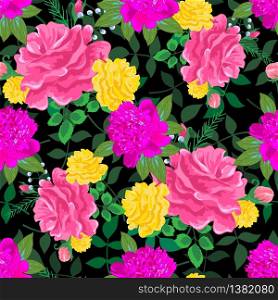 Beautiful seamless pattern with pink and yellow roses on a dark blue background.Summer Vector illustration in the style of shabby chic.Print for book covers, textile,fabric,wrapping gift paper. pink and yellow roses 2