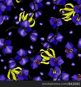 Beautiful seamless template on purple orchid flower skin style background. Seamless vintage texture. Botanical illustration. Vector art.