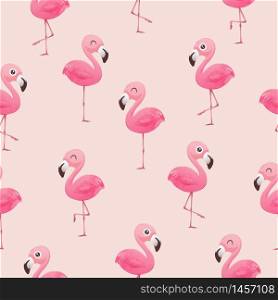 Beautiful seamless vector tropical pattern with pink flamingos