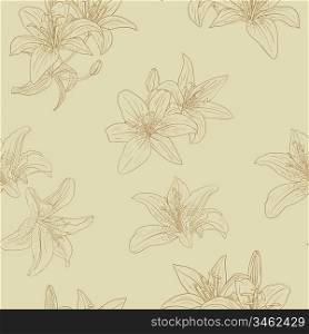 Beautiful seamless wallpaper with blooming lilies with on background, vector illustration