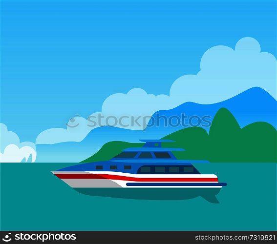 Beautiful seascape and cute yacht, color poster, vector illustration with blue and white vessel, long red line, calm water, bright sky green mountains. Beautiful Seascape and Cute Yacht, Color Poster