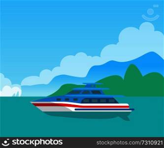 Beautiful seascape and cute yacht, color poster, vector illustration with blue and white vessel, long red line, calm water, bright sky green mountains. Beautiful Seascape and Cute Yacht, Color Poster