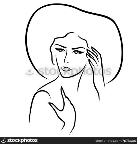 Beautiful serious young lady in the wide-brimmed hat gesticulated her hands, vector outline