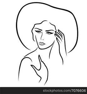 Beautiful serious young lady in the wide-brimmed hat gesticulated her hands, vector outline