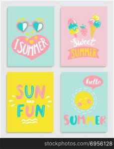 Beautiful set of bright summer cards.. Beautiful set of bright summer cards with ice cream, sun with a bubble and handdrawn lettering and other fun elements. Perfect for summertime posters, banners, gift,print. Vector illustration.