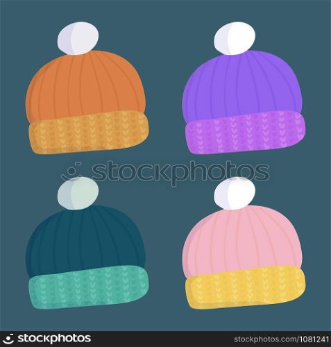 Beautiful set with warm wool winter hat for decoration design in cartoon style. Orange, violet, green and pink color. Seasonal clothes accessory.. Beautiful set with warm wool winter hat for decoration design in cartoon style.