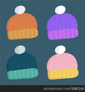 Beautiful set with warm wool winter hat for decoration design in cartoon style. Orange, violet, green and pink color. Seasonal clothes accessory.. Beautiful set with warm wool winter hat for decoration design in cartoon style.