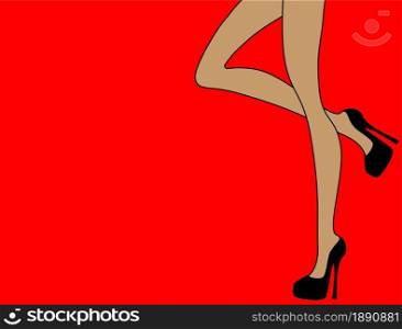 Beautiful sexy girl's legs with high heeled black shoes on red background. Vector fashion illustration.