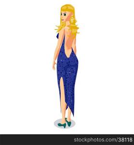 Beautiful sexy woman in blue dress standing on night party. Vector flat cartoon illustration isolated on a white background