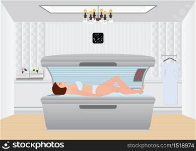 Beautiful sexy woman tanning in solarium,Tanning bed in a salon, interior vector illustration.